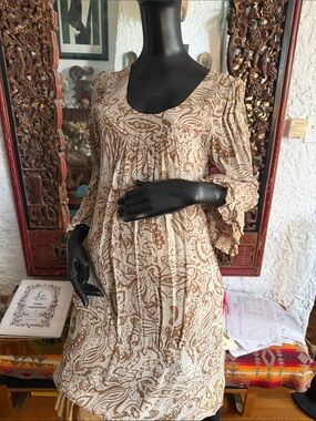 Paisley Long-Sleeve Peasant Dress in Cream and Brown